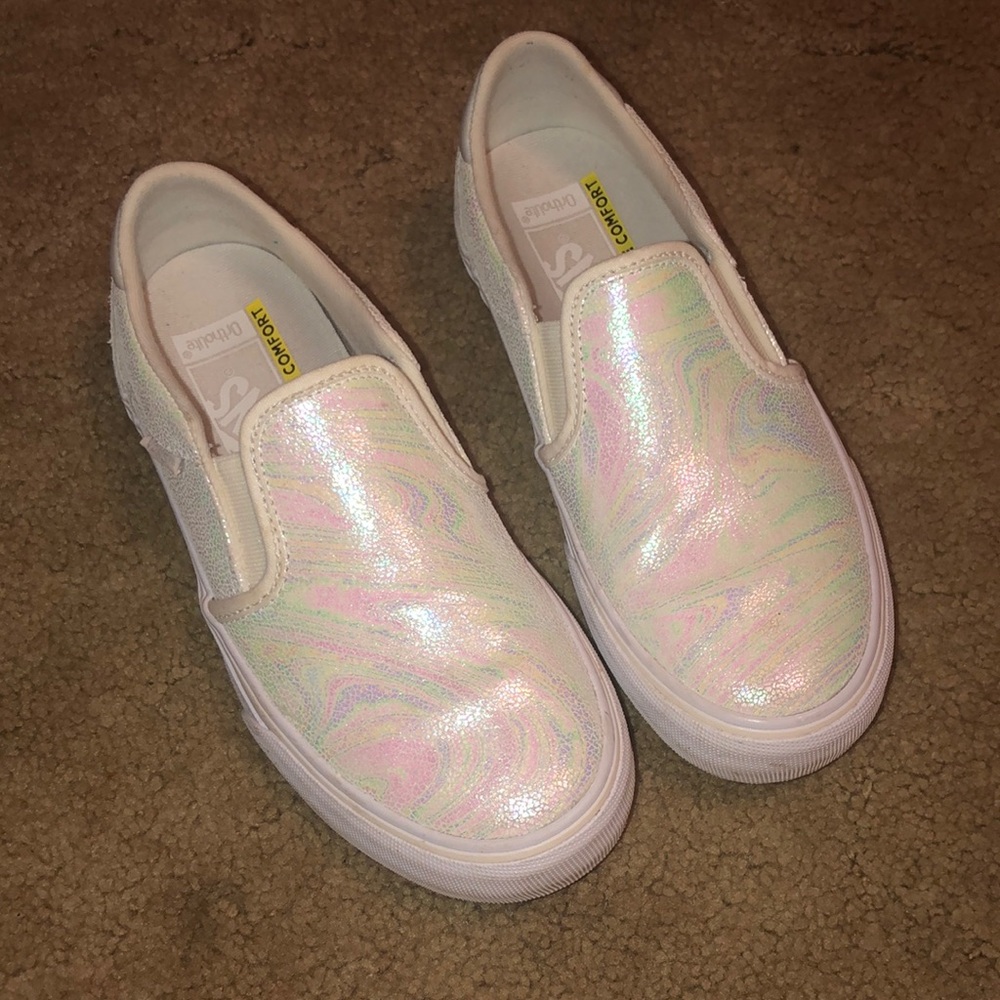 white metallic leather vans